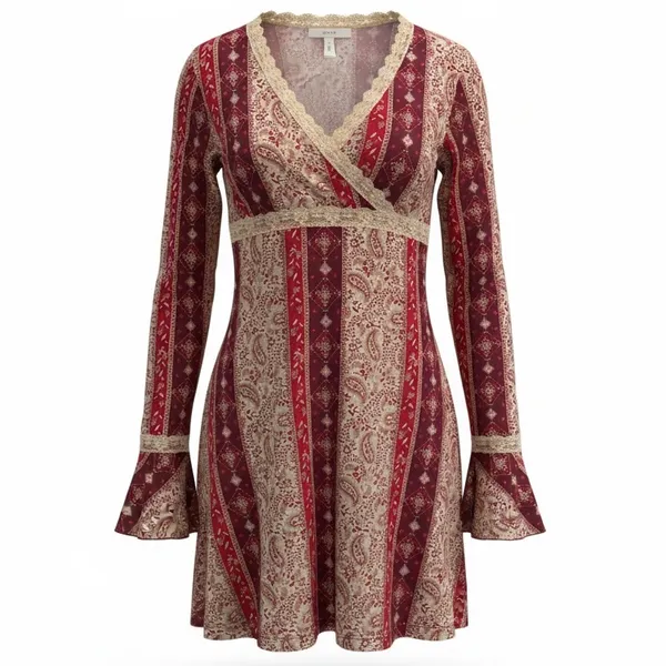 Y2k vintage paisley print lace detail babydoll flare sleeve tunic - Image 2