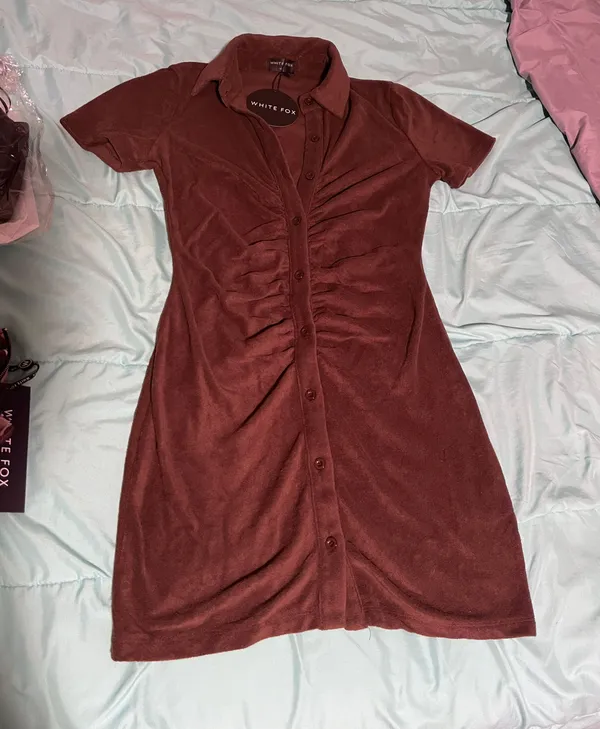 White Fox Boutique Island Escape Terry Mini Dress Chocolate - Image 2
