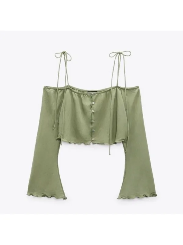 Zara Flowy Tank Top Tie Shoulders Spaghetti Straps Long Sleeve Green Sz M - Image 5