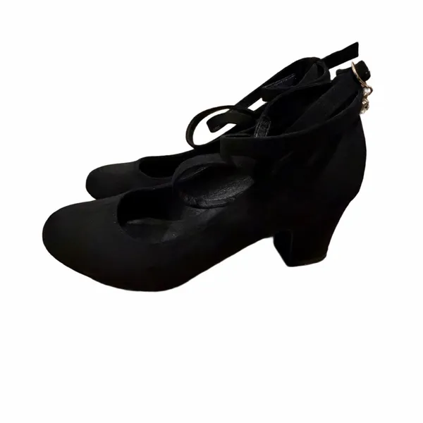 Black Mary Jane Block Heel Suede Pumps with Ankle Strap - Image 3