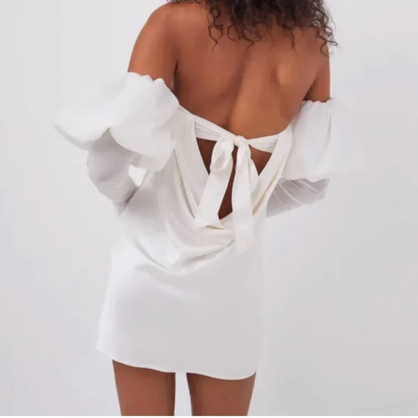 For Love & Lemons White Puff Sleeve Mini Dress Back Tie Satin Bridal Medium‎ NWT - Image 5