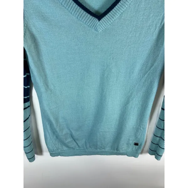 Smartwool Womens Merino Wool V-Neck Striped Sleeve Sweater Light Blue Navy‎ - Image 3