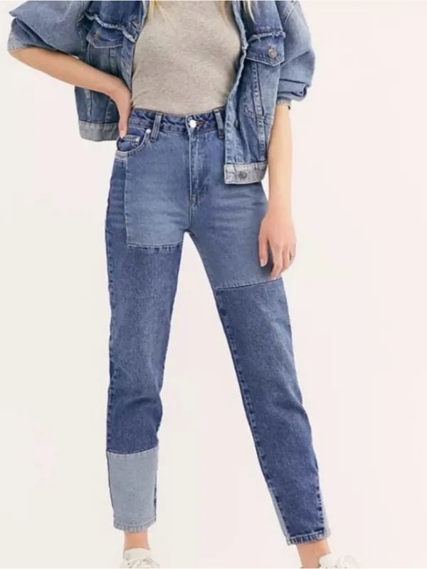 We The Free Patchwork Two-Tone Blue High-Waisted Mom Jeans - Image 3