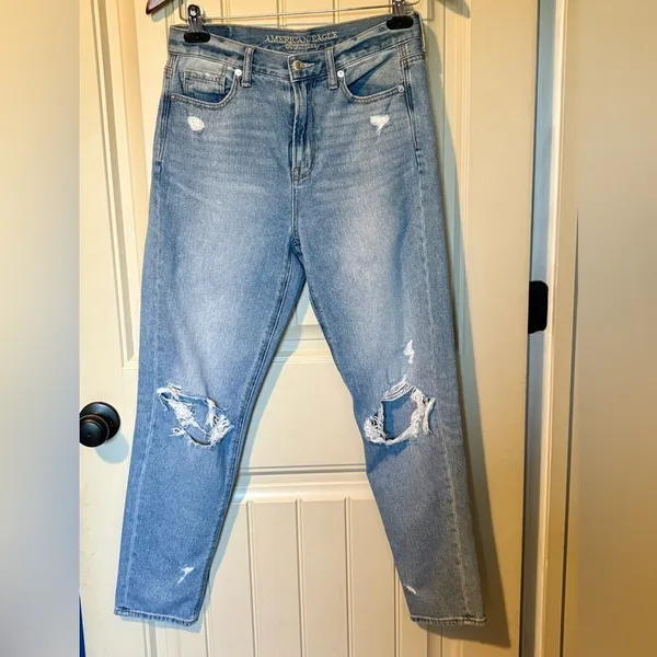 American Eagle Light Wash Distressed Denim Ripped Mom Jeans - Image 2