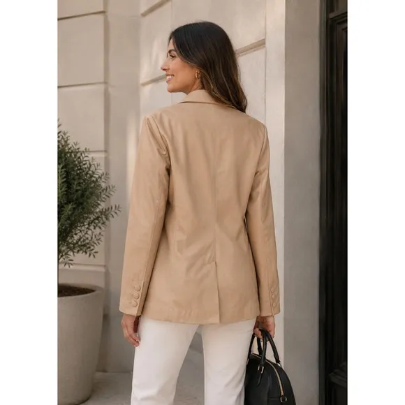 AVEC LES FILLES Tan Vegan Faux Leather Jacket Blazer Single Button Solid X-Large - Image 7
