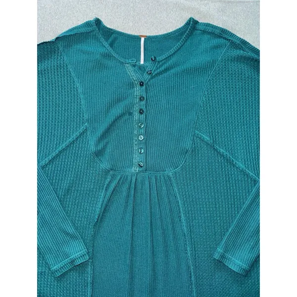 Free People Waffle Knit Leo Henley Tee In Teal Green‎ Oversized Size Medium - Image 4