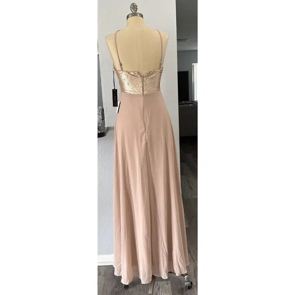 Lulus Maxi Dress XS Blush Tan Halter Sequined Top Chiffon Gown Party Bridesmaid - Image 3