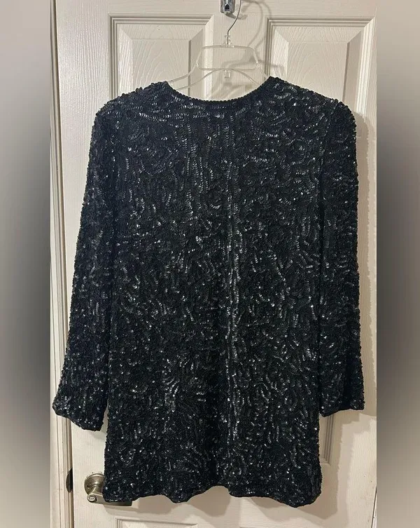 Lawrence Kazar vintage black sequin jacket XL - Image 2