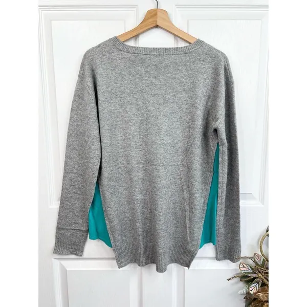 Olivia & Grace 100% Cashmere Sweater Size M Grey Turquoise Crewneck Soft Knit - Image 2