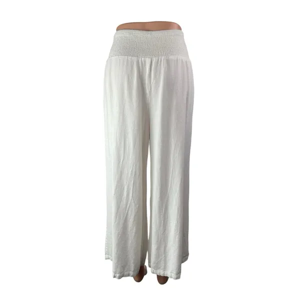 Women's White Smocked High Waisted Boho Wide Leg Baggy Trousers Pants Size L - Image 2