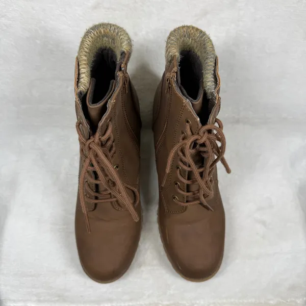 Soda Faux Leather Lace Up Combat‎ Ankle Boots Knit Cuff Block Heel Lug Sole 9W - Image 7