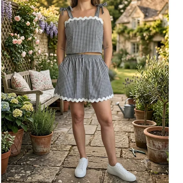 ​21 Saints Black White Gingham 2 Piece Set Ric Rac Scallop Crop Top Skirt Size M - Image 8