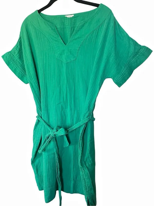 Green Gauze Belted Mini Dress Pockets Relaxed Fit Medium - Image 3