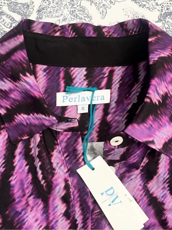 NWT Revolve x Perlavera Purple & Black Clara Zebra-Print Button Down Shirt Dress - Image 3