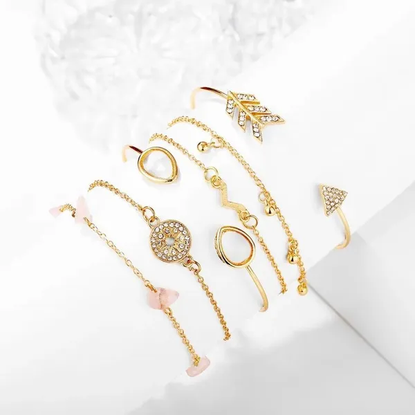Gold Arrow Stacking Bracelets Bohemian Stone Beads Chains Fashion 6-pc Jewelry - Image 2