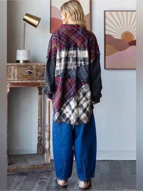 Oli & Hali Black and Burgundy Plaid Patchwork Jean Shacket - Image 2