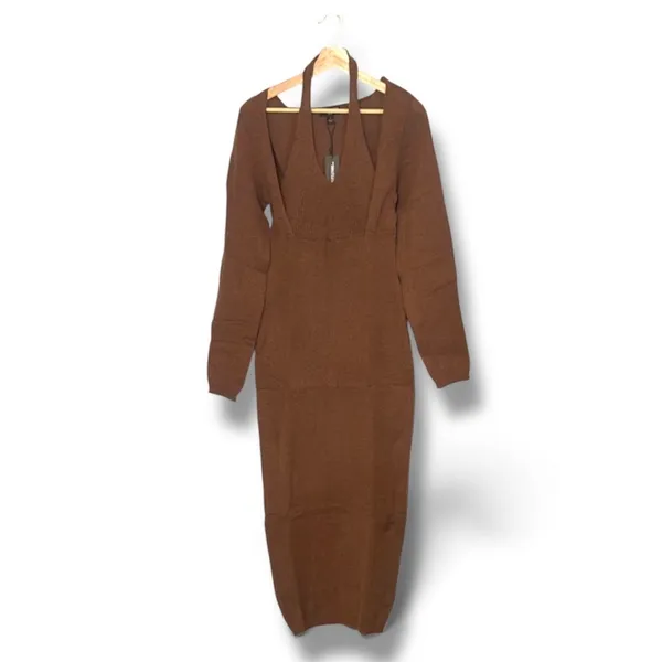 PrettyLittleThing Brown Long Sleeved Knit Dress/a Halter Style Keyhole Neck Xl - Image 3