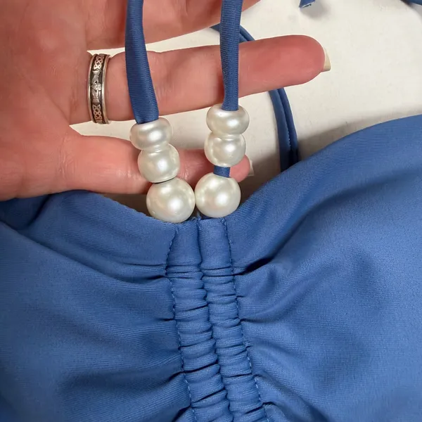 Shade & Shore Bandeau Bikini Top Women's Small Blue Ruched Front Faux Pearl NWT - Image 3