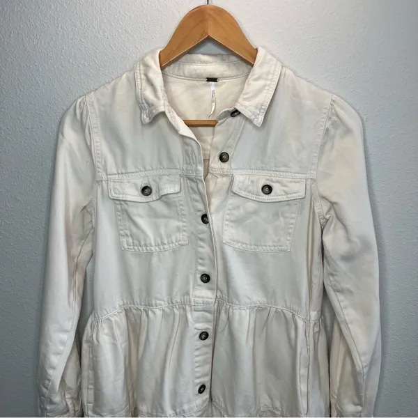 Free People Cream Nicole Tiered Button Down Long Sleeve Mini Shirt Dress - Image 5