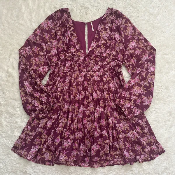 Free People Dress Keep You Mini Long Sleeve Cotton Floral Berry Combo Sz L - Image 3