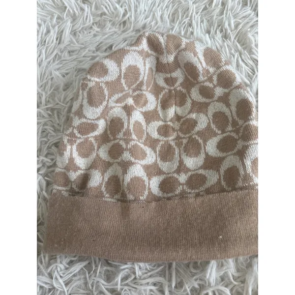 Vintage y2k Coach Signature C Logo Beanie Hat Tan Cream Wool Blend OS‎ - Image 2