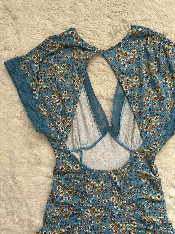 Free People Sweet Talker Mini Dress Short Sleeve V-neck Floral Blue Sz S - Image 5