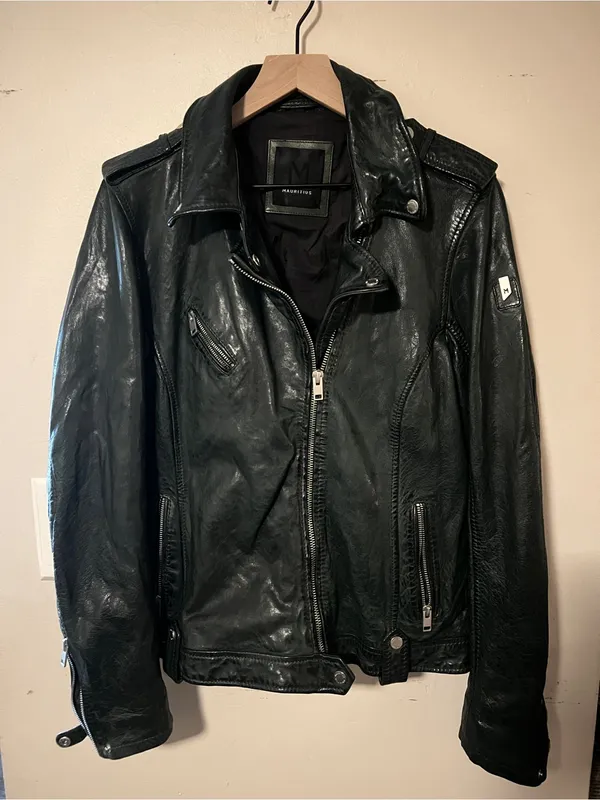 Mauritius Famos Dark Green Lamb Leather Moto Biker Jacket Regular Fit Size 14 - Image 2