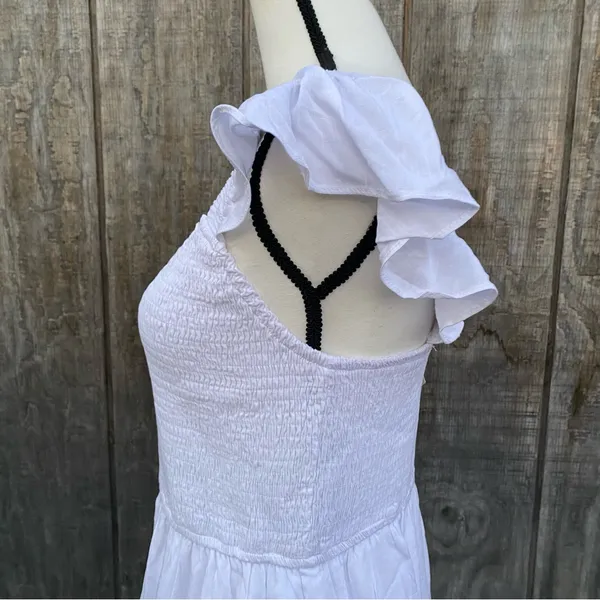 LEANI White Ruffle Smocked Babydoll Lined Tiered Mini Dress Size L - Image 4