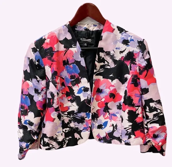 Retro Floral Waist Jacket Pink Black 14 Open Front Evan Picone Black Label - Image 2