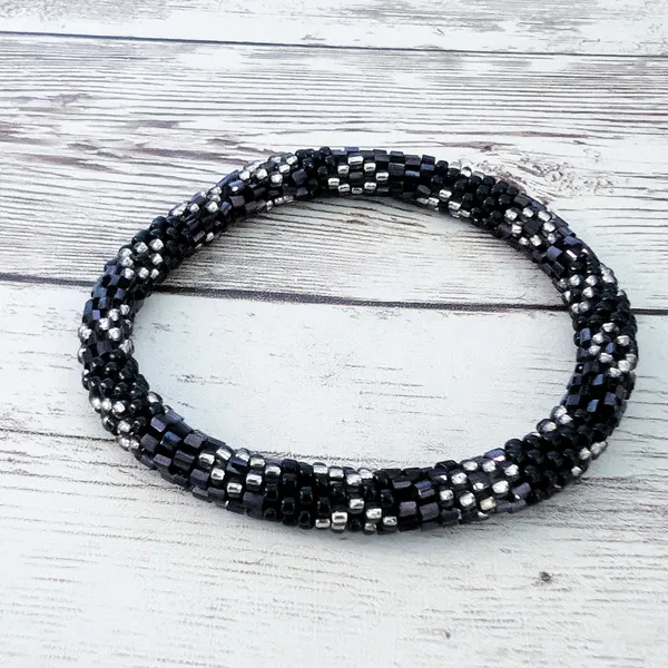 Vintage Bracelet Dark Purple, Black, Clear Beads - Image 2