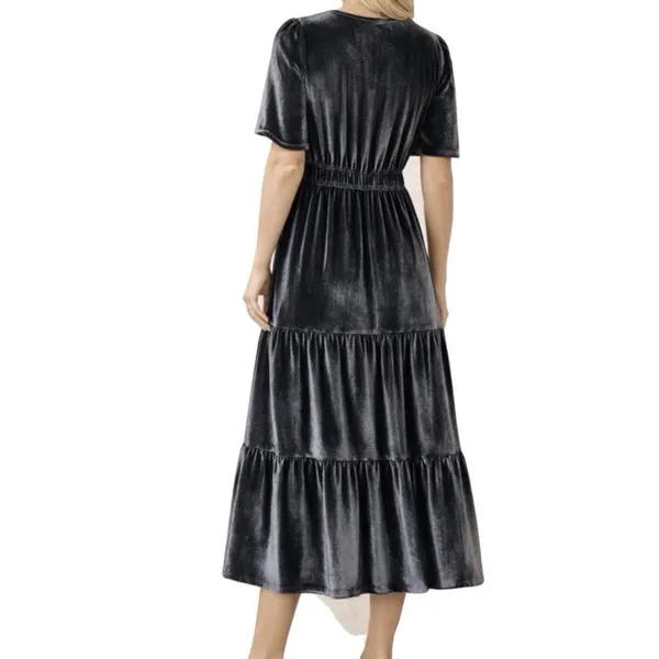 Spartina 449 Velvet Maxi Dress Medium Gray Tiered Short Sleeve V‎ Neck Boho - Image 2