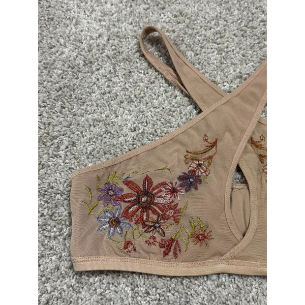 Urban Outfitters Embroidered Floral Mesh Cross Front Halter Bralette Sz S - Image 3