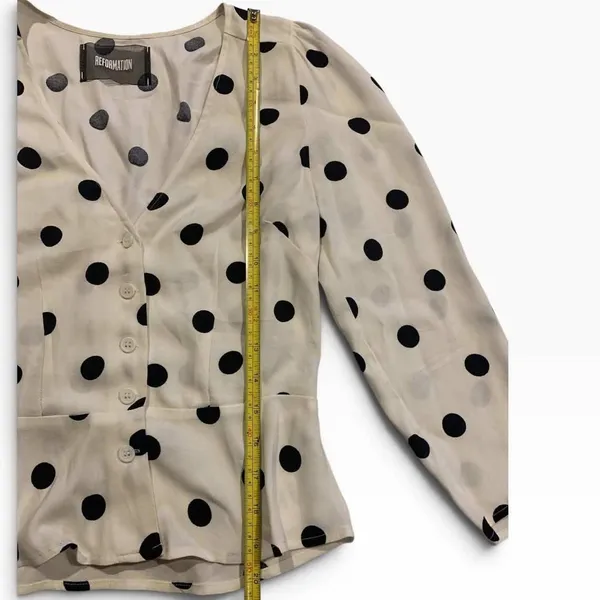 Reformation Blouse Womens 2 Cream Polka Dot Peplum V-Neck Retro Parisian Chic - Image 5
