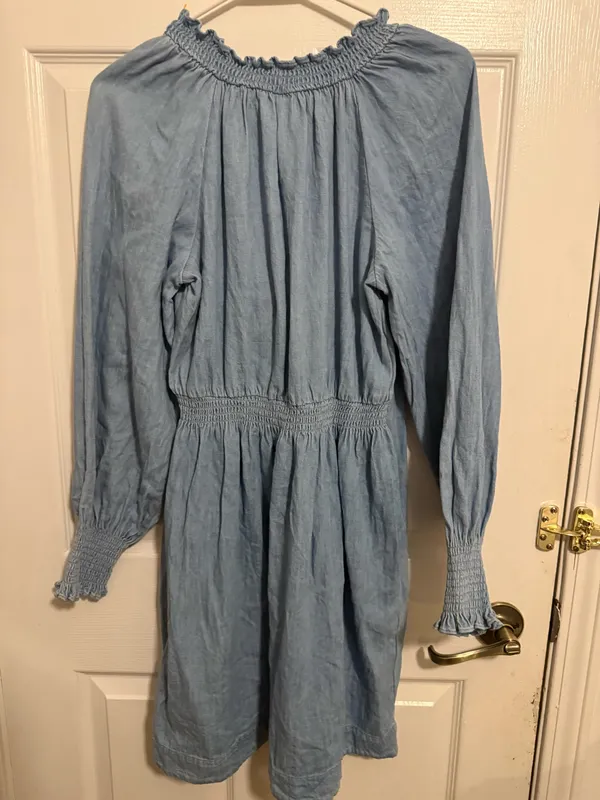 Old Navy XS Blue Chambray Smocked Tie-Neck Long-Sleeve Boho Dress - Image 3