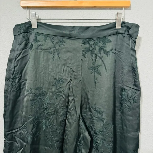 Zara Luxury Green‎ Bohemian Embroidered Satin Effect Wide Leg Lounge Pants Sz L - Image 7
