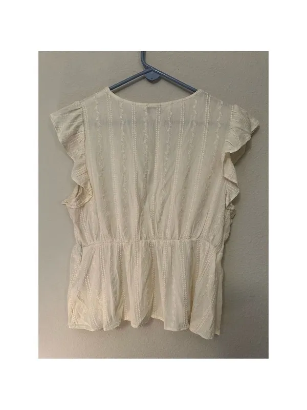 Express Women's Ivory Embroidered Ruffle Sleeve V-Neck Blouse Size M - Image 3