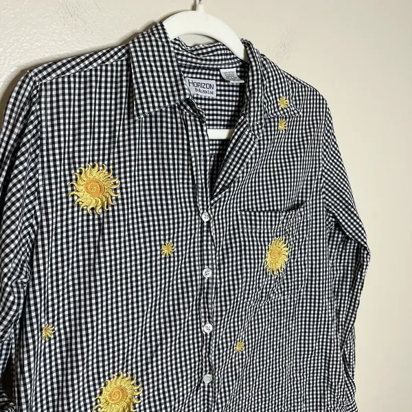 Women's Vtg Button 100 cotton‎ Gingham Plaid Sun Floral Embroiderd Boho Preppy M - Image 4