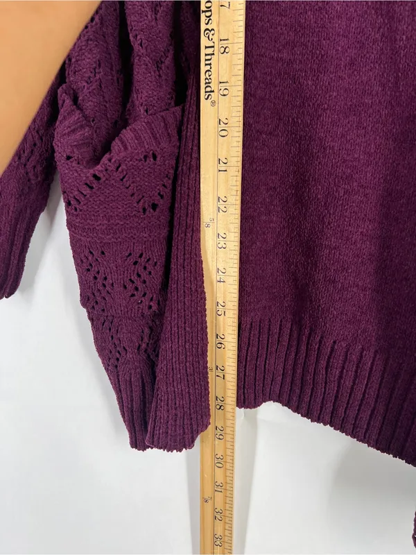 Hooked Up Cozy Cardi Winter Bloom Purple Pointelle Open Front Cardigan S NWT - Image 11