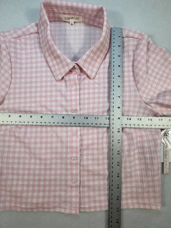 Ultra Flirt Two Piece Set Juniors Size L Plaid Pink Short Sleeve Button Down NWT - Image 3