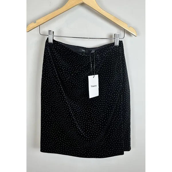 Theory Pleat Wrap Skirt Women 0 Black White Dot Velvet J0904301 Holiday - Image 2