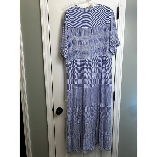 Cactus + Pearl XXL Blue White Striped Smocked Maxi Dress Rayon Boho Casual Coast - Image 3