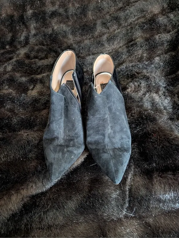 White House Black Market Eliza Black Suede Leather Bootie Heels, Size 8 - Image 2