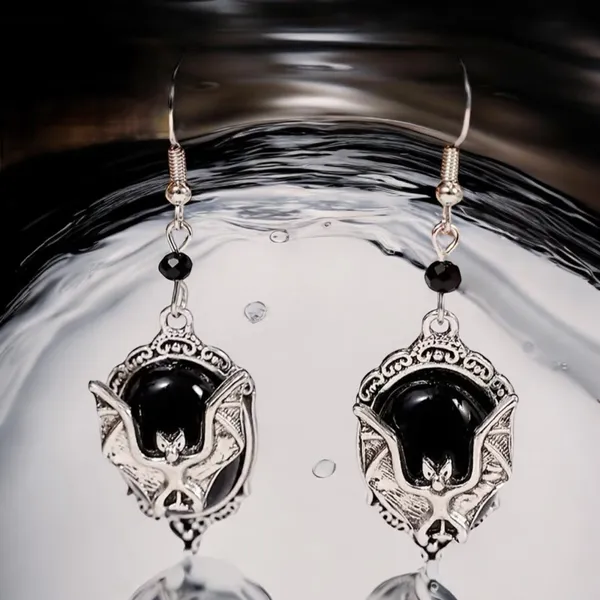 Gothic Bat Cameo Vintage Style Synthetic Black Silver-Plated Alloy Drop Earrings - Image 2