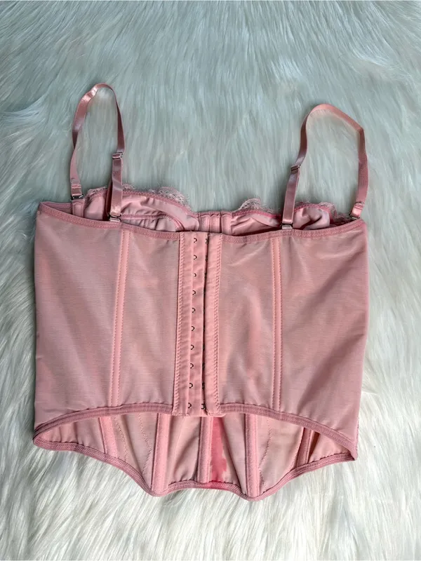 Pink Lace and Mesh Burlesque Boudoir Corset - Image 3