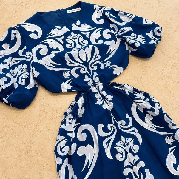 Abercrombie & Fitch Dress XS Blue Waist Cutout Damask Puff Sleeve Maxi Midi Boho - Image 5