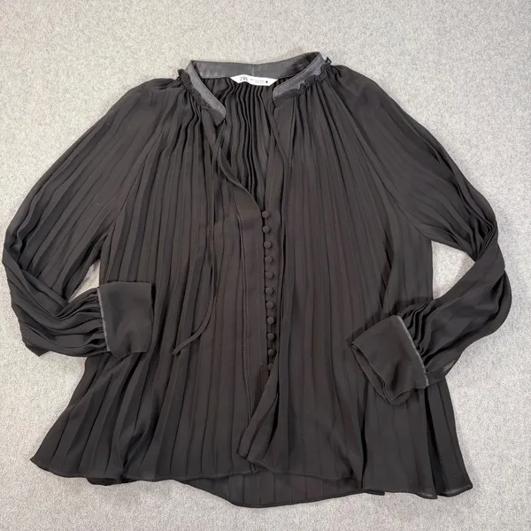 Zara Black Sheer Pleated Blouse Women's Medium Faux Leather Collar Button V-Neck - Image 2