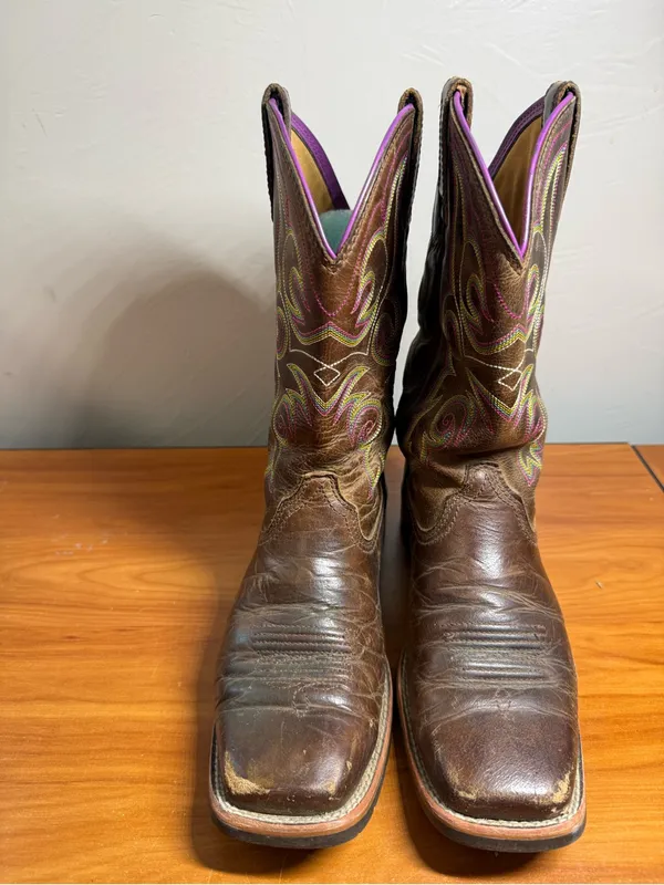 Ariat Womens Square Toe Dark Brown Cowgirl Boots Leather Western Purple Trim 8.5 - Image 3