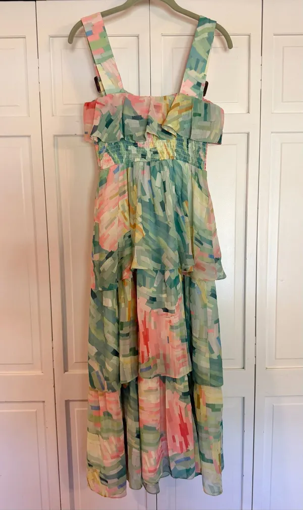 Anthropologie Hutch NWT pastel abstract print smocked tiered midi stress size sm - Image 8