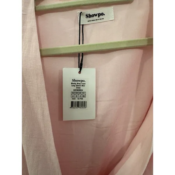 Showpo MARIFY MINI DRESS - LINEN LOOK LONG SLEEVE WRAP DRESS IN ICE PINK - Image 4