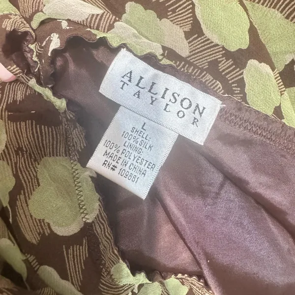 Allison Taylor Silk Floral Midi Skirt Brown Green Ruffle Hem Y2K Whimsigoth L - Image 4